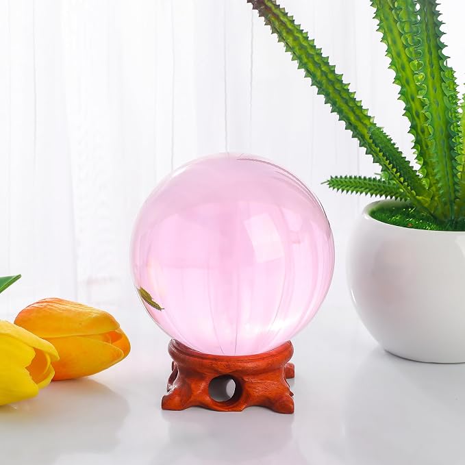Pink Crystal Ball 100mm/3.9 inch with Rose Wooden Stand and Gift Box for lensball Photography,Fortune Teller,Feng Shui, Witchcraft Decor,Scrying,Magic,Large Quartz Crystal Orb Prop Glass Sphere