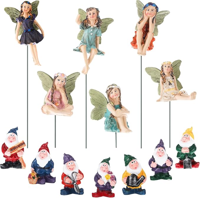 Queekay 13 Pieces Fairy Garden Miniature Accessories 6 Pcs Mini Fairy Figurines and 7 Pcs Tiny Gnomes for Outdoor Garden Yard Lawn Indoor Pot Plants Supplies Home Decor