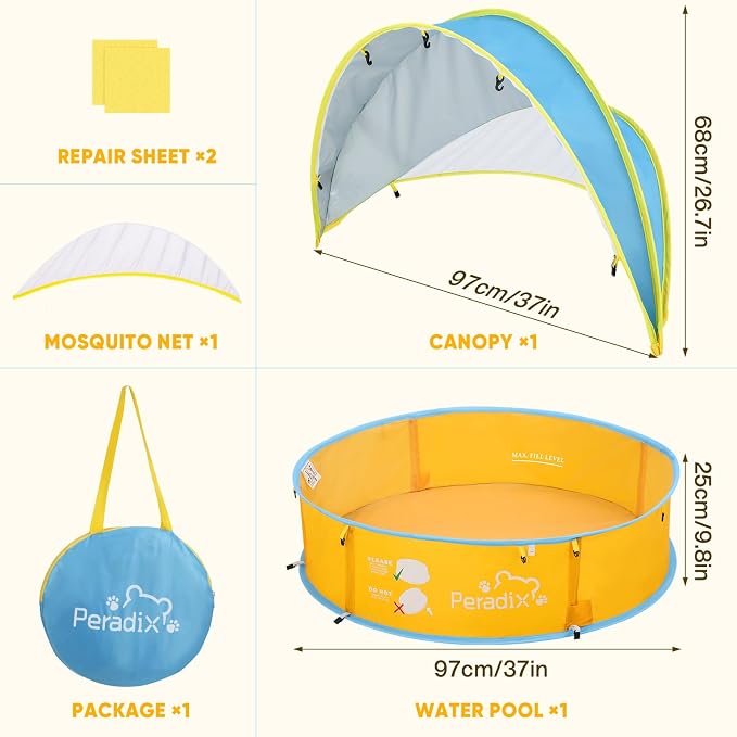 Peradix Baby Beach Tent, Paddling Pool for Kids & Pets with UV Sun Shelter Canopy, Mosquito Net - Portable Pop Up Infant Ball Pit Tent, Toddler Wading Pool, Perfect for Summer Beach Fun