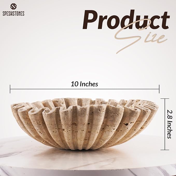 Marble Large Decorative Bowl Handmade 10 Inch Travertine Ruffle Bowl, Scalloped Bowls for Home Decor, Modern Fruit Bowl for Kitchen Counter, Stone Fluted Bowl for Housewarming Gifts