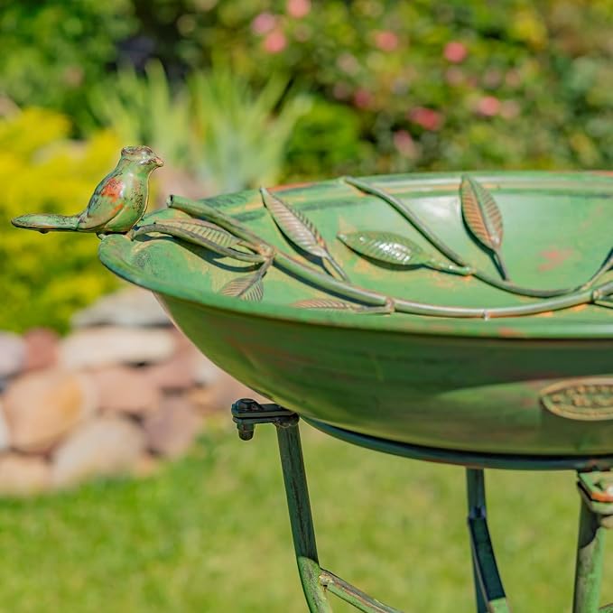 Zaer Ltd. Deep Well Made Metal Birdbath with 2 Cast Iron Birds and Leaf Decoration (Verdi Green)