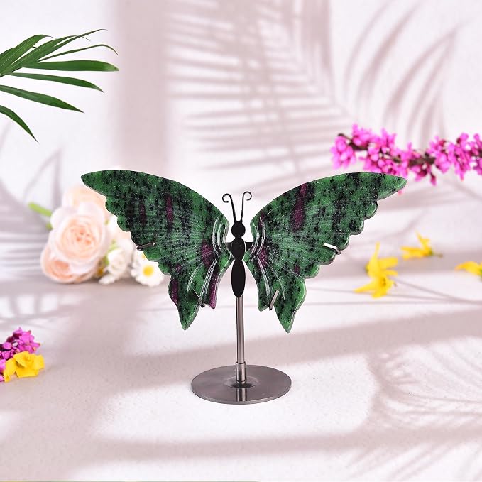 JIC Gem Natural Ruby Zoisite Quartz Crystals Butterfly Figurine Decorative Rocks Stones Healing Crystal Carved Angel Wings with Display Decor Reiki Gifts (1pair, 10cm)