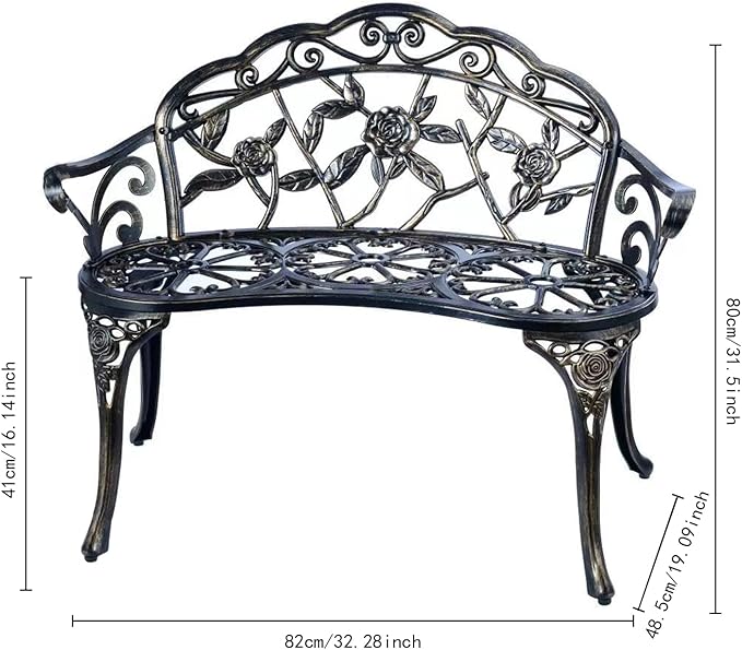 YKSY&YKSY Patio Garden Bench Metal Park Bench Cast Aluminum Outdoor Furniture with Floral Rose for Patio,Park,Lawn,Yard (Copper)