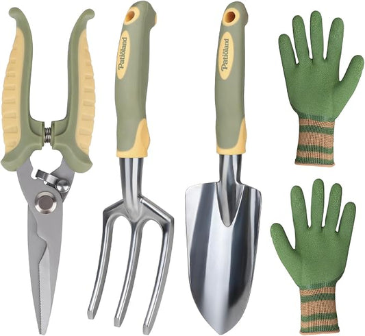 4-Piece Green Garden Tools Set,Patioland Ergonomic Gardening Hand Tools w/Hand Trowel,Cultivator Rake,Pruning Shear & Gloves for Planting Weeding,Yard Tools Gift for Women Men Gardender Plant Lovers