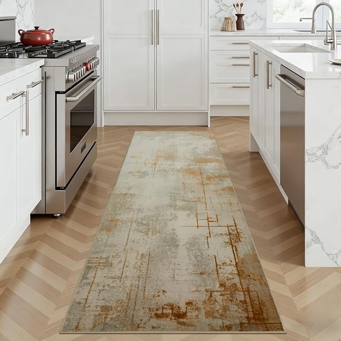 Joydeco 2x6 Runner Rug for Hallway, Modern Abstract Non-Slip Soft Washable Rugs, Low Pile Carpet for Entryway, Kitchen, Bedroom, Laundry, Light Brown & White & Beige