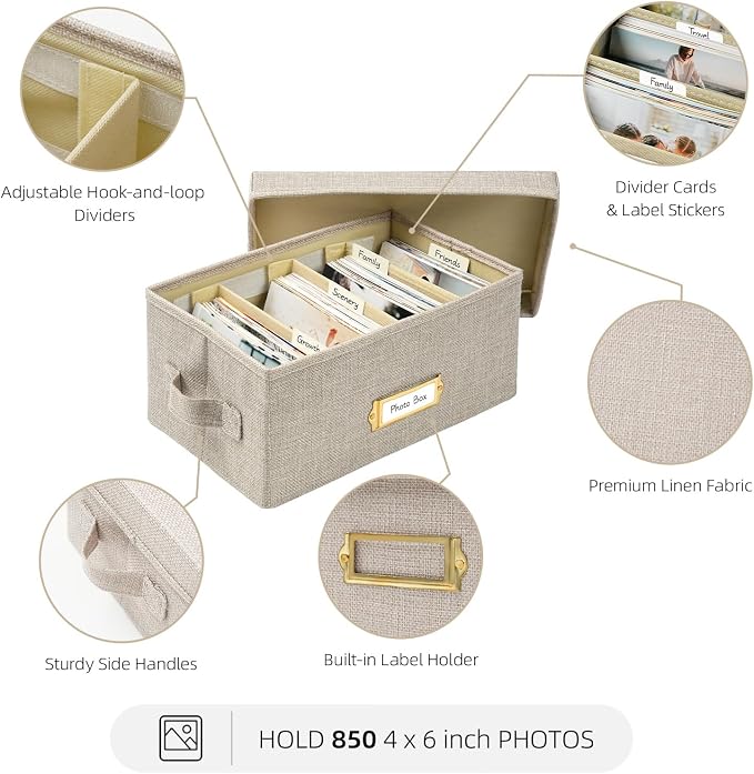 Linen Photo Storage Box with Adjustable Hook and Loop Dividers, Holds 850 4"x6" Photos, Collapsible Picture Organizer with Handle and Label Stickers, Memory Keepsake Box for Women, Beige