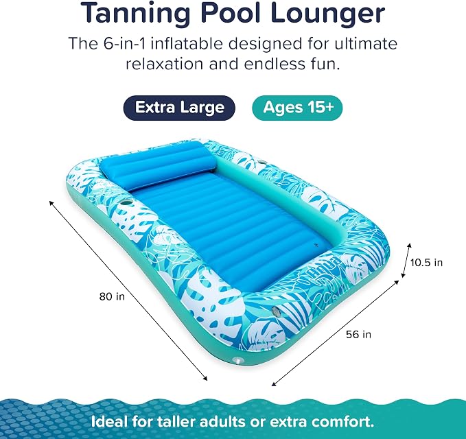 Aqua Inflatable Tanning Pool Lounger, Premium Pool Float with Cupholders and Removeable Pillow for Relaxation and Fun