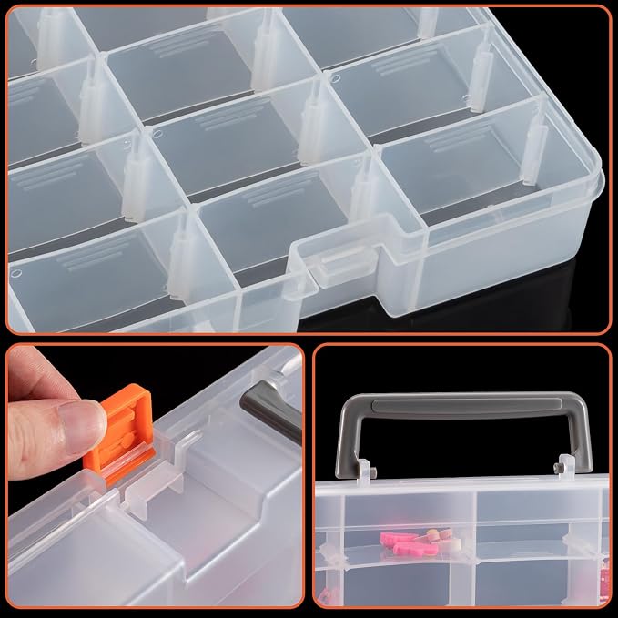Large 48 Grids Clear Plastic Organizer Box with Adjustable Dividers | Multipurpose Craft Organizer for Hobby Small Parts, Portable Jewelry Bead Storage Container Tackle Box Organizer with Handle
