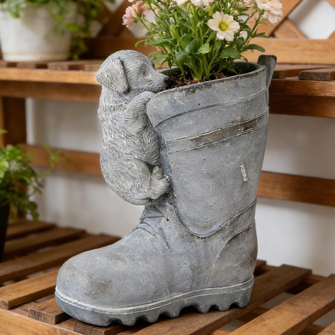 Funny Dog Planter Boot Shaped Resin Pot for Indoor Outdoor Plants Cute Fun Planters for House Patio Porch Decor Succulent Flower Lovers Unique Animal Garden Decorative Pot