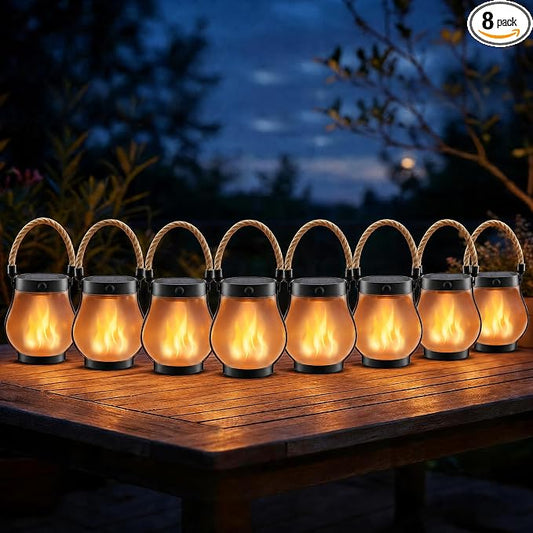 Solar Lanterns Outdoor Waterproof 8 Pack, Outdoor Solar Lanterns with Flickering Flame Effect, USB-C & Solar Charging, Auto Dusk to Dawn, Hanging Light for Garden Patio Yard