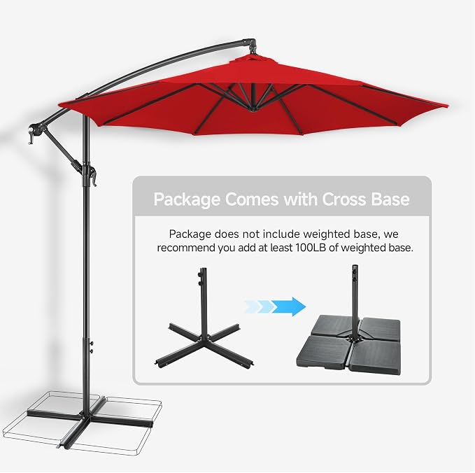 Offset Patio Umbrella Cantilever - 10 FT Cantilever Umbrella Outdoor with Crank and Cross Base, UV Protection Large Patio Umbrella for Garden, Deck, Backyard, Pool, Porch (Red)