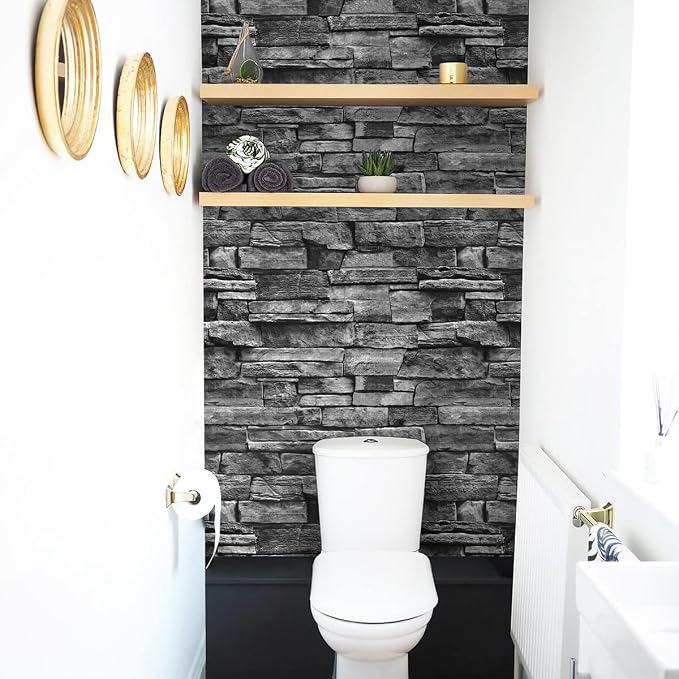 Jeweluck Grey Brick Wallpaper Peel and Stick Wallpaper 17.7”×393.7” Faux Stone Wall Paper Peel and Stick Brick Contact Paper for Kitchen Stone Self Adhesive Removable Decorative for Walls Vinyl