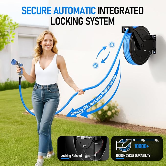 SPECILITE Retractable Hose Reel with 5/8'' Hot/Cold Garden Water Pipe 50ft, -50℉ -190℉, Heavy Duty Metal Wall Mount Spool, with 6ft Lead Hoses, Nozzle, 3/4'' Brass Fittings for Garage, Yard, Blue