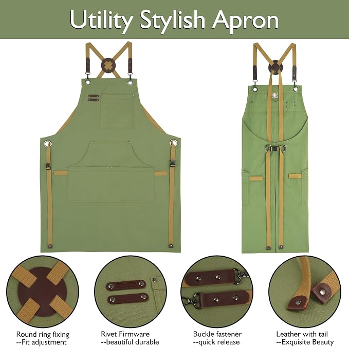 Kitchen Apron, Work Apron, Canvas Apron, Olive | Multiple Pockets, Gardening, Painting, BBQ, Artist, Carpenter, Sizes M to XXL