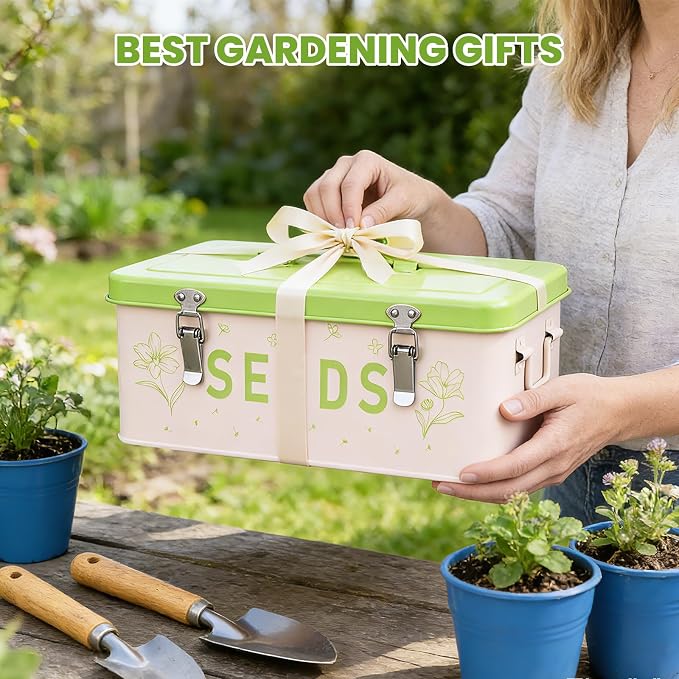 Seed Storage Organizer with Lid, Metal Seed Bin Seed Packet Container with 100 Plant Labels 50 Seed Envelopes 50 Plant Clips 1 Marker Pen, 4 Compartments Box with Locks