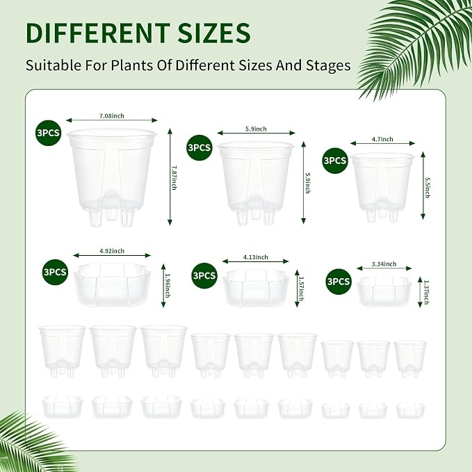 Cdd's Path Self Watering Pots Set with Deep Water Tank, Large Drainage Holes, Reservoir & Air Pipes, 5/6/7 Inch Naked Root Planter for Indoor Outdoor Plants, Flowers, Seedlings, Clear, 9 Pack