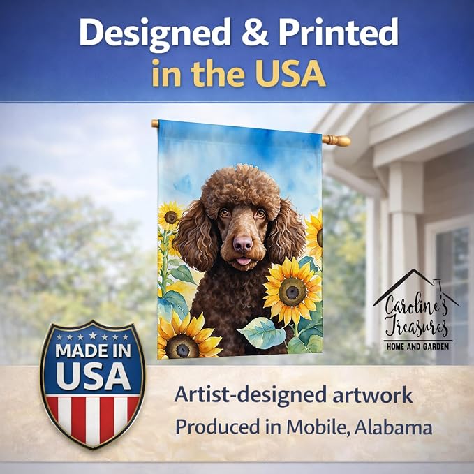 Caroline's Treasures DAC6140CHF Chocolate Poodle in Sunflowers House Flag Large Porch Sleeve Pole Decorative Outside Yard Banner Artwork Wall Hanging, Polyester, House Size, Multicolor