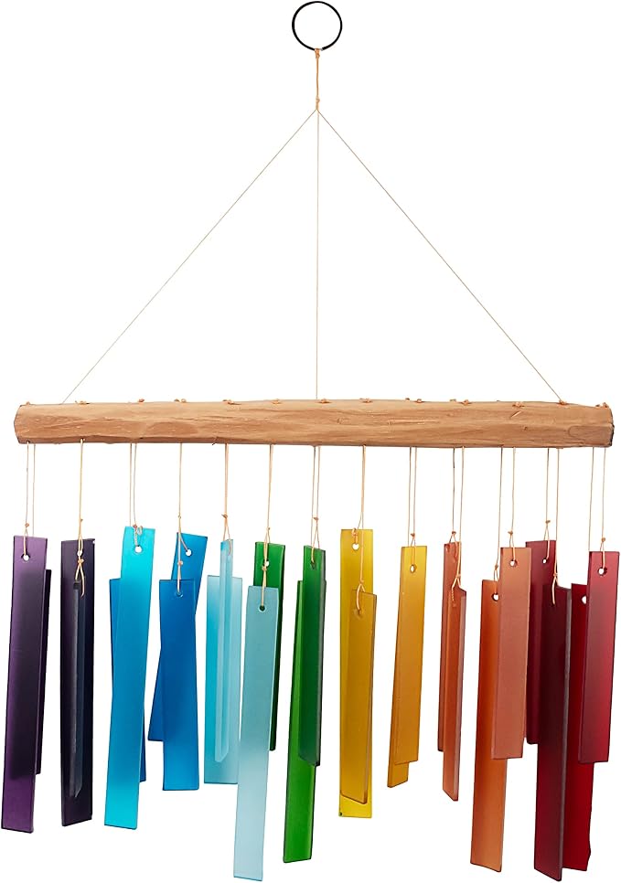Blue Handworks Color Spectrum Glass and Driftwood Chime | Sandblasted Glass and Found Wood Hand Crafted Wind Chime