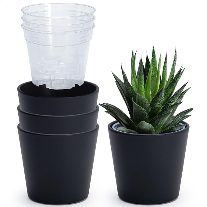Phoenix Vine 4.5 Inch Black Plastic Cachepot with Clear Nursery Pot, Decorative Lightweight Planter Cover with Transparent Inner Pot for Indoor Houseplants, Pack of 4, 24-B-E-4