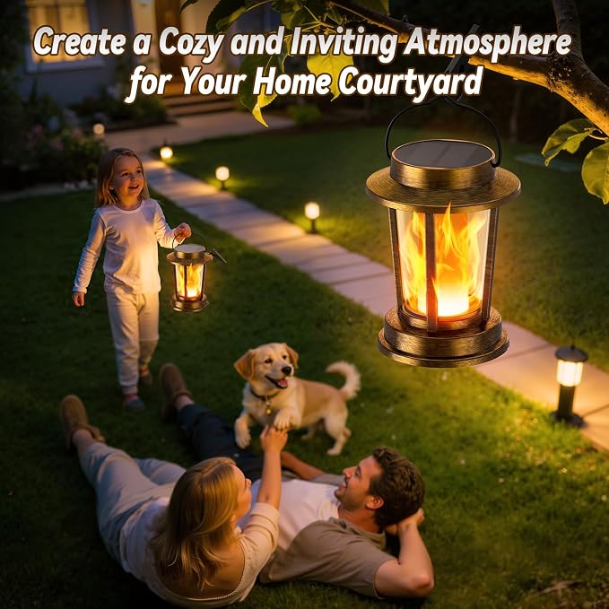Solar Lanterns Outdoor Waterproof, Upgraded Flickering Flame Solar Lights Outdoor, Solar Powered Lanterns Decorative, Hanging Solar Lantern for Garden Yard Patio Path Porch Tree Decor 2 Pack(Copper)