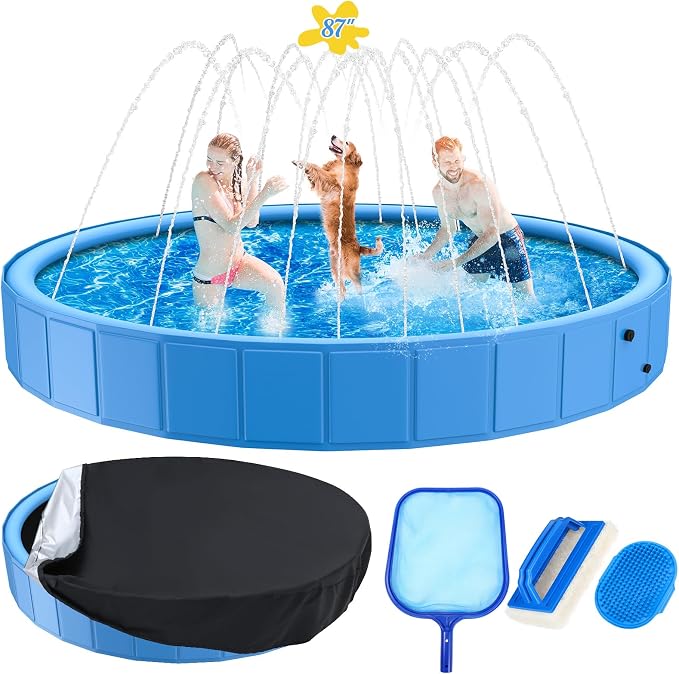 Foldable Dog Pool, 87in Large Sprinkler Pool with Cover, Heavy Duty Dogs Splash Pad with Sprinkler Bathtub for Large Medium Small Pets Summer Outside Water Playingng