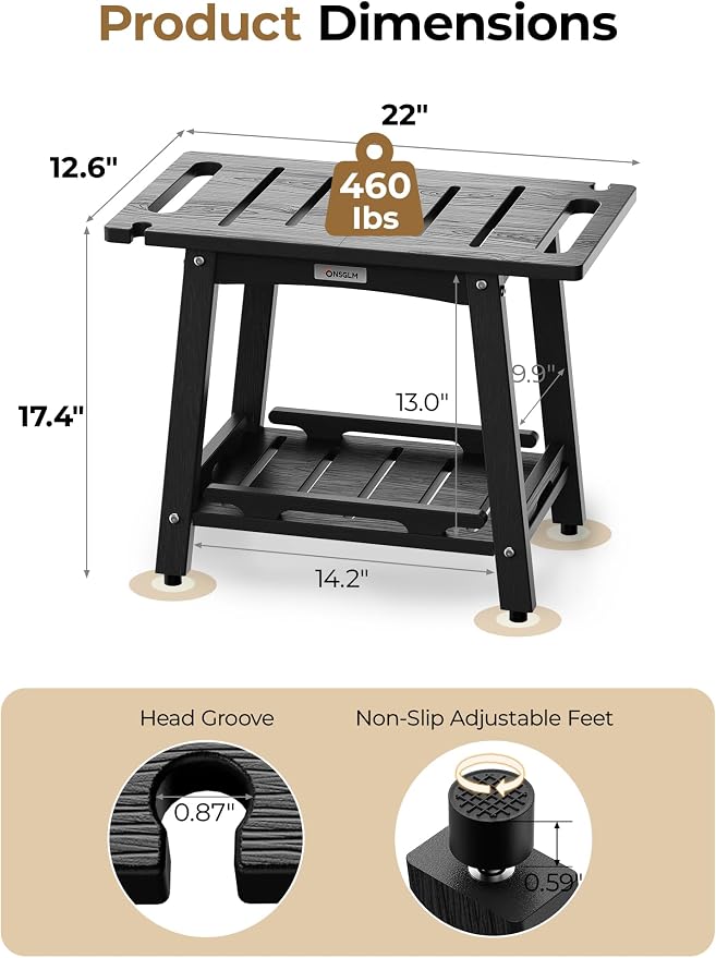 22" Large Shower Bench Seat, Non-Slip Shower Benches for Inside Shower to Sit on, HDPE Waterproof Shower Stool, Shower Chair with Adjustable Feet for Bathroom, Indoor/Outdoor Use, Black