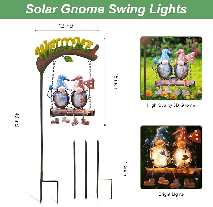 Gnomes Garden Decor Solar Lights, 48 Inch Welcome Sign Swing Yard Decorations Outdoor Decorative Stake for Lawn Porch Backyard Patio, Gnome Gardening Gifts for Women Mom
