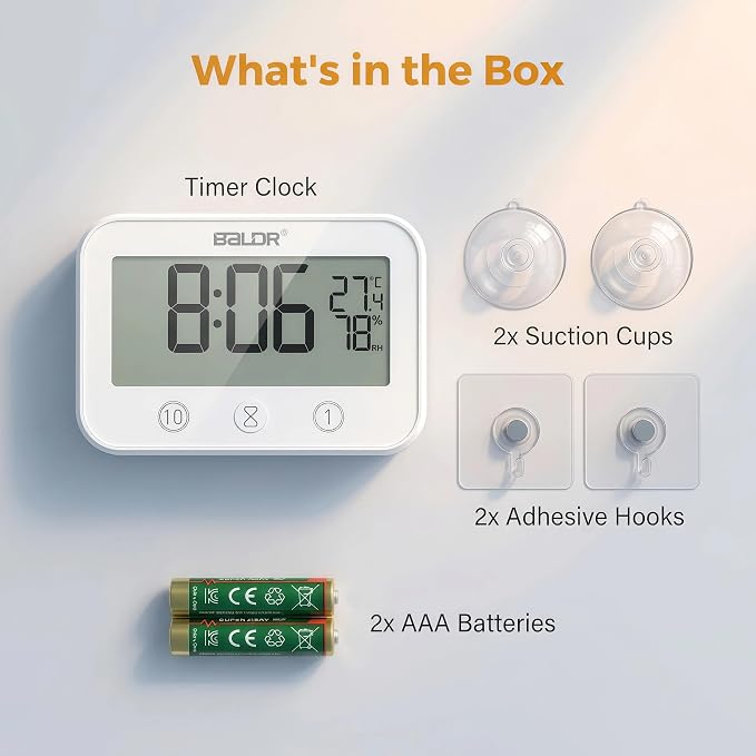 Digital LCD Waterproof Timer Shower Clock, Waterproof for Water Spray, Bathroom Clock Wall Mount, Two Suction Cup, Displays Time, Temperature, and Indoor Relative Humidity (1, White)