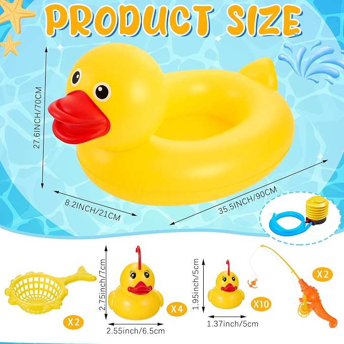 WinnerWhy Duck Pond Matching Game Set, 35.5" Inflatable Kiddie Pool with 14 Rubber Ducks, 1 Air Pump, 2 Fishing Nets & Rods, Duck Fishing/Carnival Water Game for Kids, Summer Outdoor Party