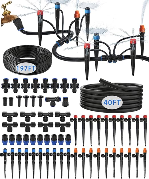 1/2" Drip Irrigation System Kit with 40 Adjustable Nozzles, PE UV-Resistant | All Quick-connect, 2X Lifespan of PVC, Easy Connect, 40FT 1/2" Main tube+ 197FT 1/4" Tube, 4 Nozzle Types