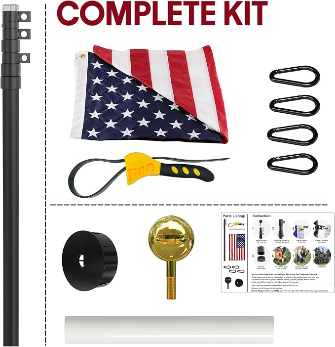 25FT Telescoping Flag Pole for Outside House, Extra Thick Telescopic Flagpole with USA Flag, Inground Outdoor Use, Camper RV, Residential & Commercial, Complete Hardware & Aluminum Top Ball (Black)