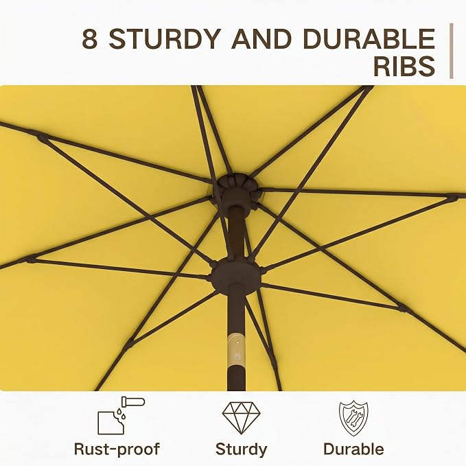 Kingdura 9FT Outdoor Patio Umbrella, Round Market Table Umbrella with Push‑Button Tilt and Crank Lift, 8 Sturdy Metal Ribs, UV50+ Protection Canopy for Backyard, Lawn, Deck, Poolside, Garden (Yellow)