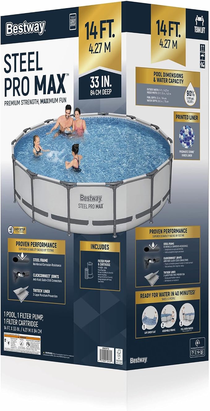 Bestway Steel Pro MAX 14' x 33" Round Above Ground Pool Set with Pump | Metal Frame Pool, Corrosion-Resistant Steel, Puncture-Resistant Liner, Filter Pump, No-Tool Setup, Quick-Click Connectors