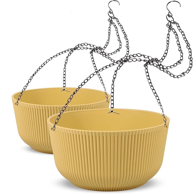 Dexceder 11.2 Inch Self Watering Hanging Planter (2 Pack, Yellow) | Thickened Hanging Basket Flower Plant Pot Indoor Outdoor