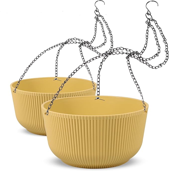 Dexceder 9.8 Inch Self Watering Hanging Planter (2 Pack, Yellow) | Thickened Hanging Basket Flower Plant Pot Indoor Outdoor