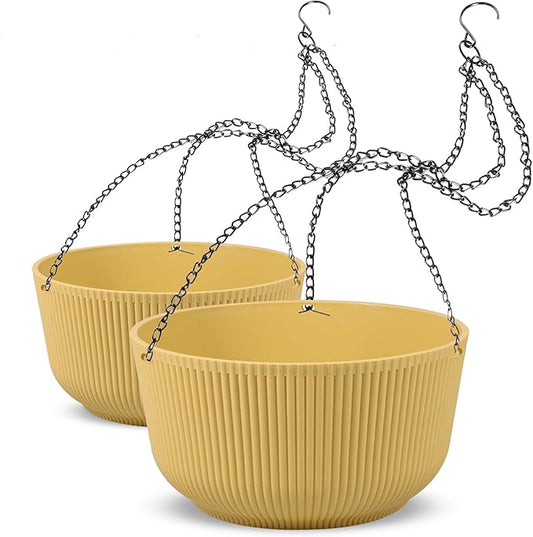 Dexceder 9.8 Inch Self Watering Hanging Planter (2 Pack, Yellow) | Thickened Hanging Basket Flower Plant Pot Indoor Outdoor