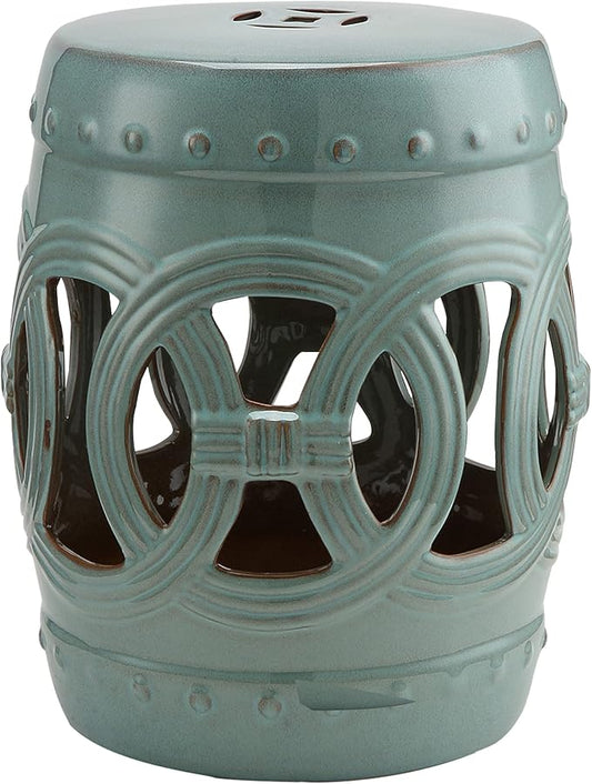 Outsunny 14" x 17" Ceramic Garden Stool with Double-Coin Knotted Ring Design & Strong Glazed Material, Decorative Outdoor Stool, Home Collection, Antique Blue