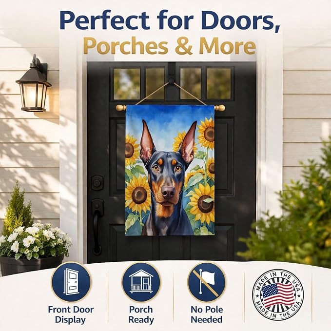 Caroline's Treasures DAC6068CHF Doberman Pinscher in Sunflowers House Flag Large Porch Sleeve Pole Decorative Outside Yard Banner Artwork Wall Hanging, Polyester, House Size, Multicolor