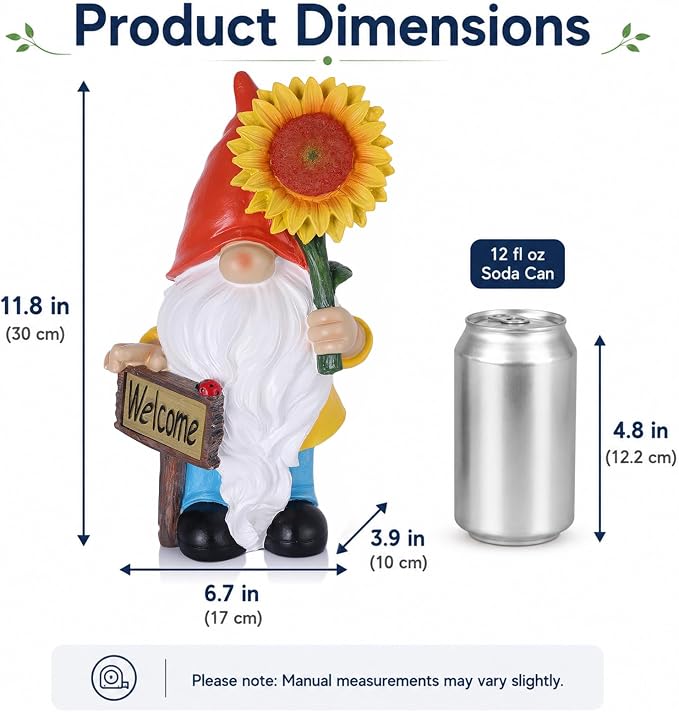 Solar Garden Gnome Outdoor Statue, 11.8" Resin Outdoor Gnome Garden Decor with Lighted Sunflower and Welcome Sign for Yard Patio Porch Lawn Decorations, Garden Gifts for Housewarming and Festivals