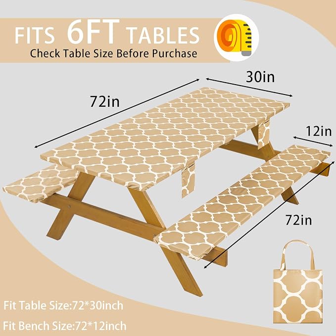 Fitted Waterproof Picnic Table Cover with Bench Covers Elastic Edges Camping Tablecloth for 6 Foot Rectangle Tables Camp Cooking Motorhome Party Equipment Car Rv Travel Trailer Needs Gifts
