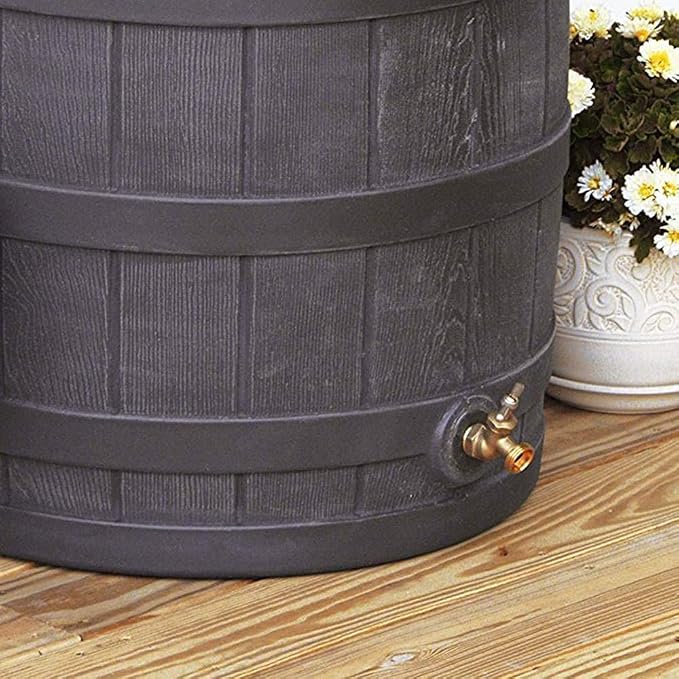 Good Ideas Rain Wizard 50 Gallon Plastic Outdoor Home Rain Barrel Water Storage Collector with Brass Spigot and Flat Back Design, Oak (5 Pack)