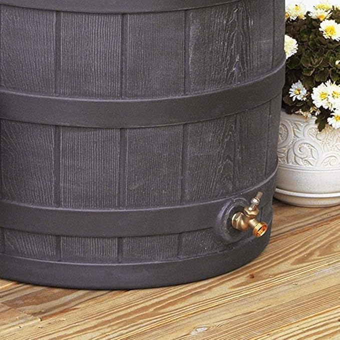 Good Ideas Rain Wizard 50 Gallon Plastic Outdoor Home Rain Barrel Water Storage Collector with Brass Spigot and Flat Back Design, Oak (3 Pack)