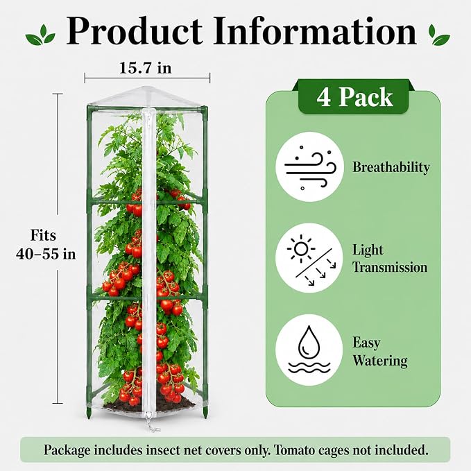 Halatool Garden Tomato Plant Cover Netting, Fits 40–55" Tall Square Tomato Cages, Garden Bird Netting with Zipper & Drawstring, Insect Barrier, Plant Covers from Insects Animals, 4 Pack, 45"×15.7"