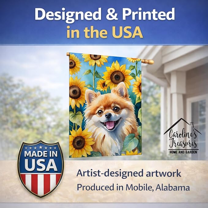 Caroline's Treasures DAC6136CHF Pomeranian in Sunflowers House Flag Large Porch Sleeve Pole Decorative Outside Yard Banner Artwork Wall Hanging, Polyester, House Size, Multicolor