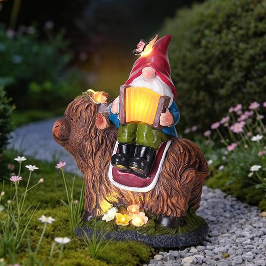 Highland Cow Gnome Statue, Highland Cow Gnomes Garden with LED Lights and Book, Solar Garden Statues for Yard, Patio, Balcony, Lawn Ornaments Figurines Gifts for Women, Mom
