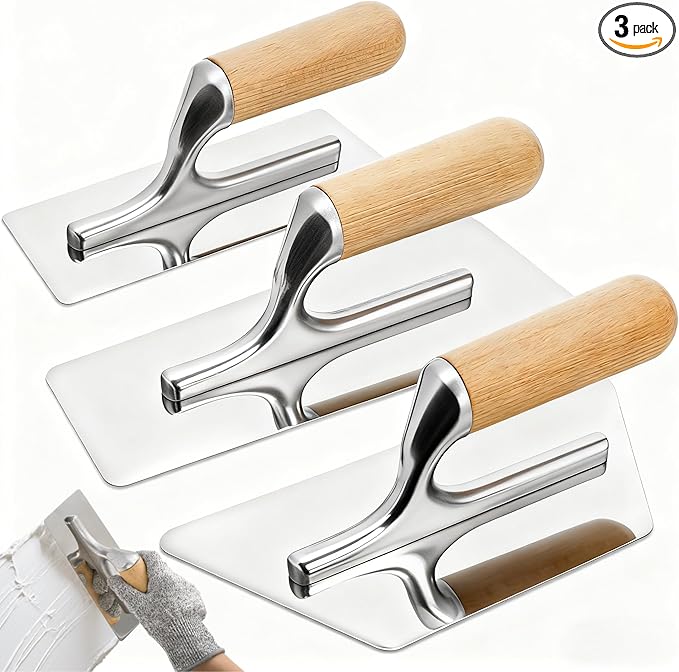 3 Pack Venetian Plaster Trowel Set, Stainless Steel Finishing Trowel, Art Paint Plastering Tool with Wooden Handle, 1 mm Thick Construction Hand Tools for Concrete, Cement, Drywall Repairs