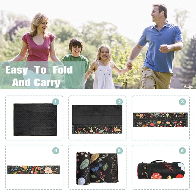 Picnic Blankets Extra Large Waterproof, 80"x 60" Boho Floral Beach Mat with Corner Pockets Windproof Sandproof Foldable Portable 3-Layer Mat for Wet Grass,Parks,Music Festival,Camping,Concerts