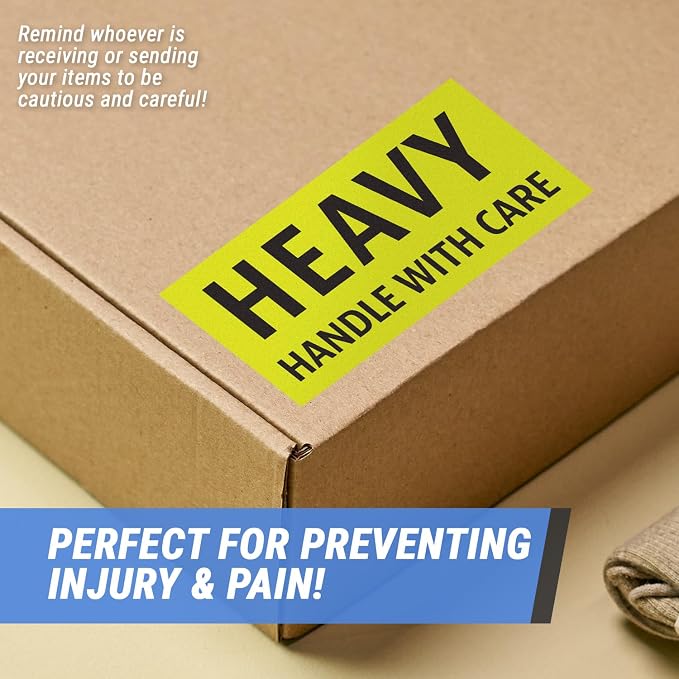 Caution Heavy, Handle with Care Labels (4 x 2 inch, Fluorescent Yellow with Bold Letters - 900 Labels) Warning Heavy Items Stickers for Shipping Items - Strong Adhesive | Bold Letters, 900 Labels per Roll, Warning Heavy Items Stickers, Strong Adhesive,...