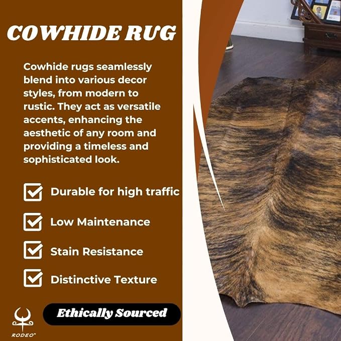 rodeo Genuine Cowhide Rug - Real Cow Hide Rug Large for Living Room & Bedroom - Western Rugs for a Natural Western Home Decor Ambiance - Rustic Cow Print Carpet Decor - 5x7 ft, Brindle