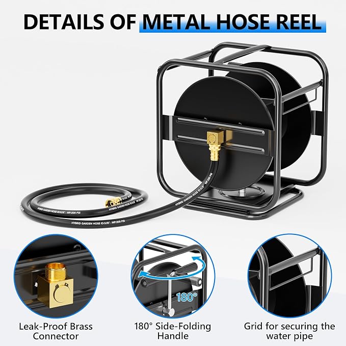 SPECILITE Metal Heavy Duty Garden Hose Reel, 360° Rotation Frame, 65-90 Ft of Hose Storage Capacity, Stable and Portable Wall/Floor Mount Water Pipe Spool, Black